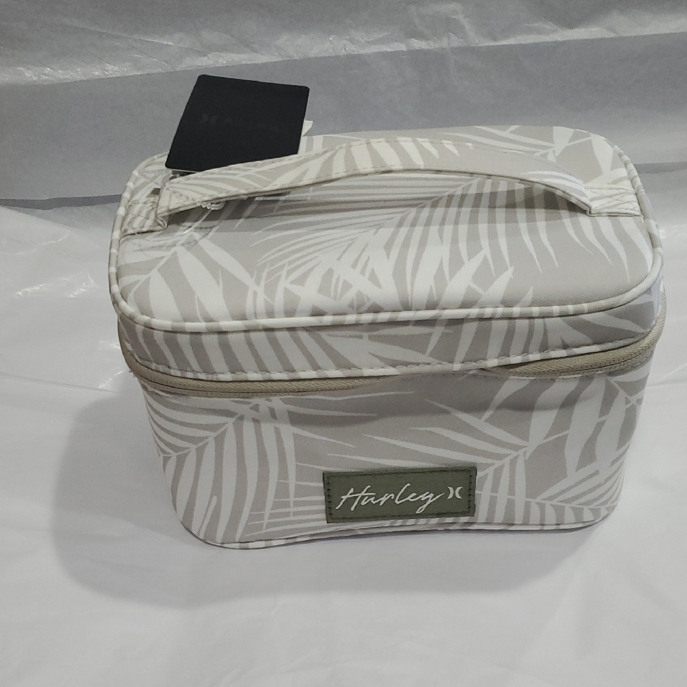 Hurley white gray taupe floral leaf print makeup cosmetics beauty case new